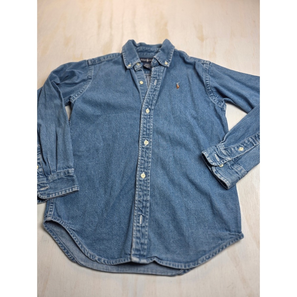 Ralph Lauren Boys Kids Denim Button Down Shirt Blue Long Sleeve Size 7 Pony Logo